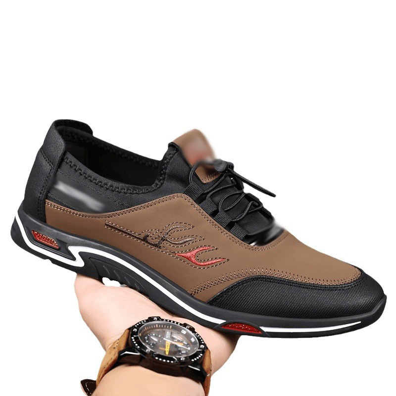 Men's Casual Leather Shoes Spring Fashion Low-Top Breathable Outdoor Comfortable Lightweight Soft Dad Shoes round Toe Flat Heel