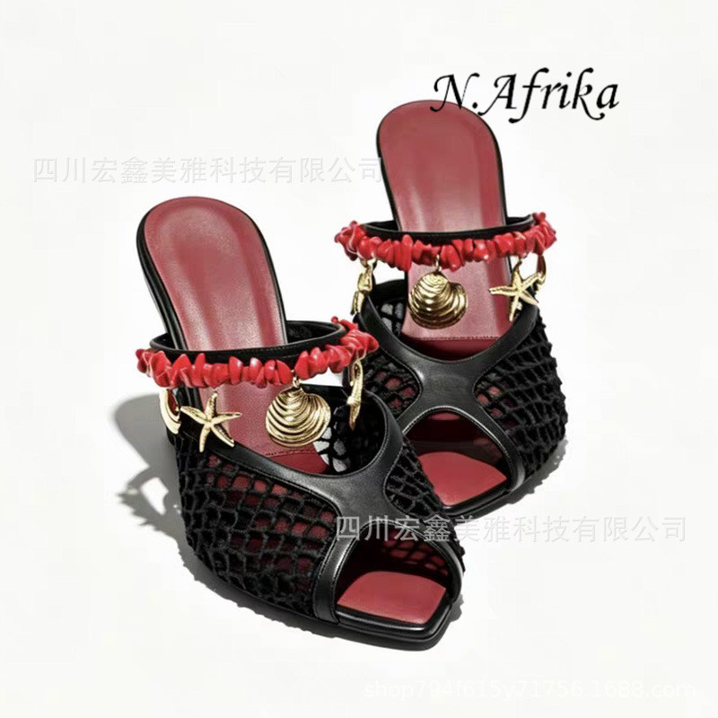 "Nyota wa Afrika"Women Mesh Hollow Woven Chunky High Heel Slide Sandals With Metal Buckle Decoration