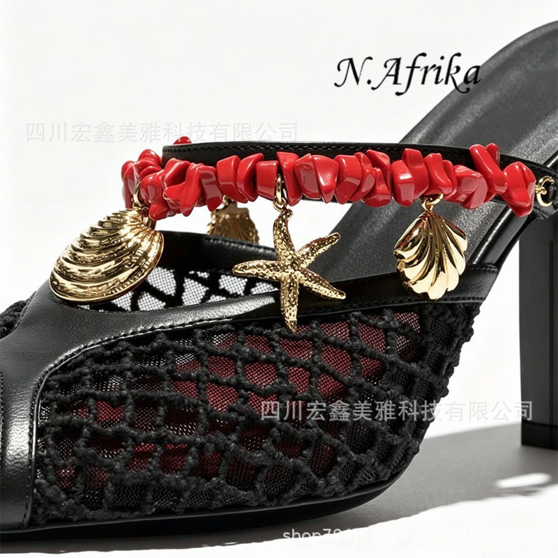 "Nyota wa Afrika"Women Mesh Hollow Woven Chunky High Heel Slide Sandals With Metal Buckle Decoration