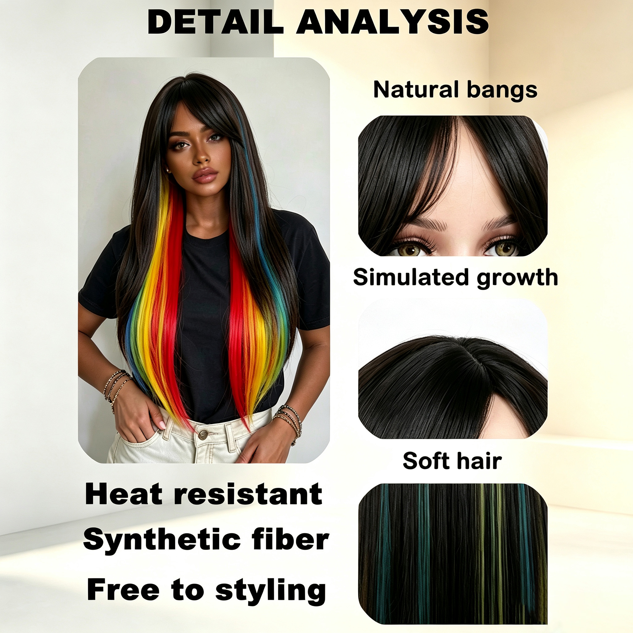 Fashion Long Straight Rainbow Ombre Synthetic Wig with Bangs Heat Resistant Natural Look Full Wig for Women