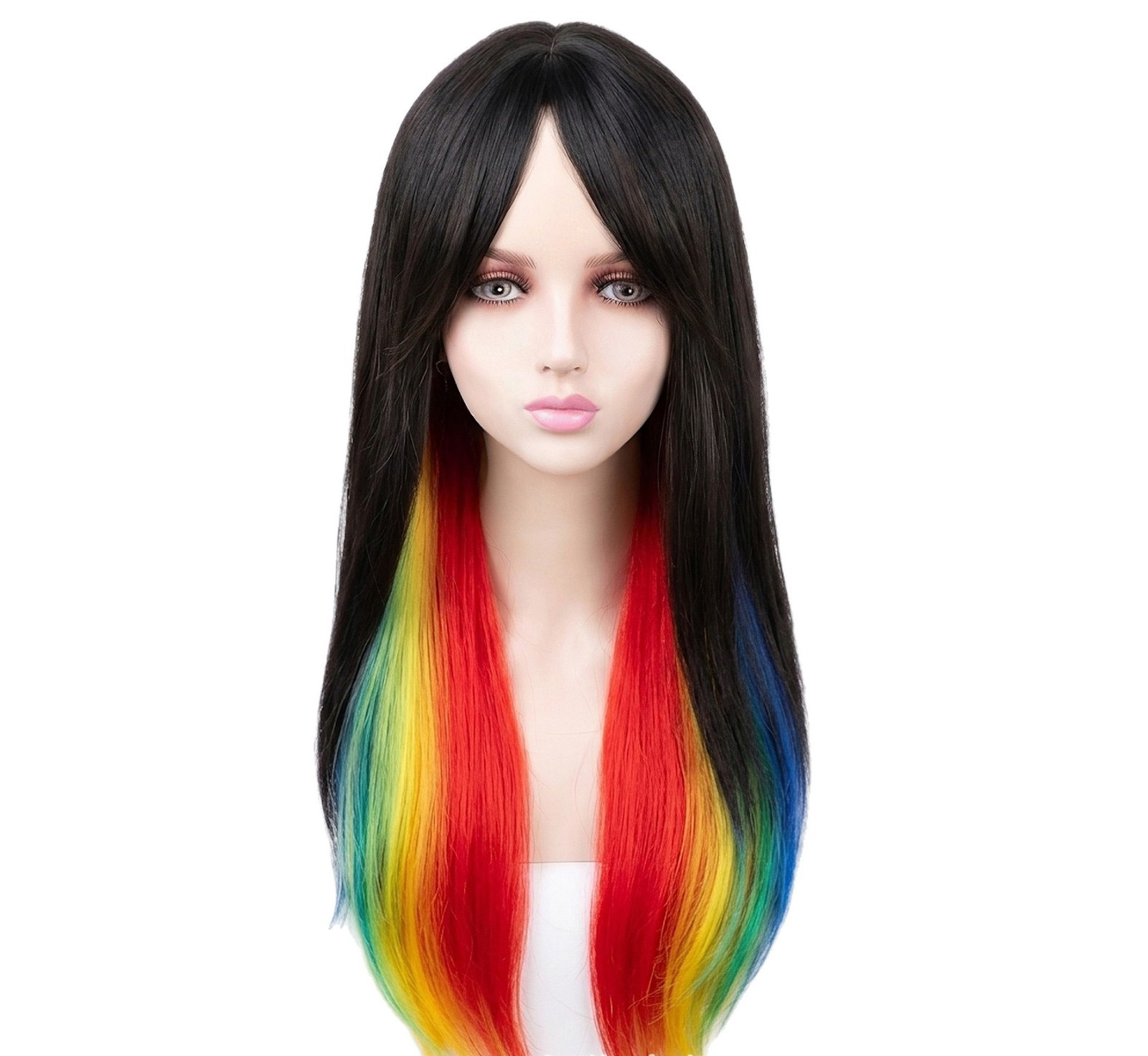Fashion Long Straight Rainbow Ombre Synthetic Wig with Bangs Heat Resistant Natural Look Full Wig for Women
