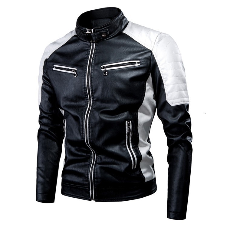 Autumn new men's coat color matching long sleeve stand collar zipper motorcycle leather jacket is suitable for leisure commuting
