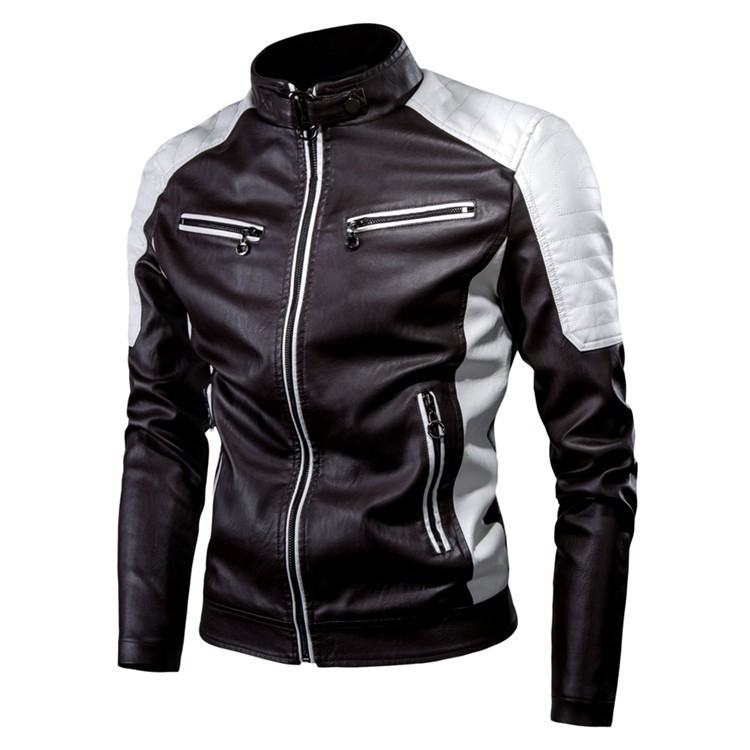 Autumn new men's coat color matching long sleeve stand collar zipper motorcycle leather jacket is suitable for leisure commuting