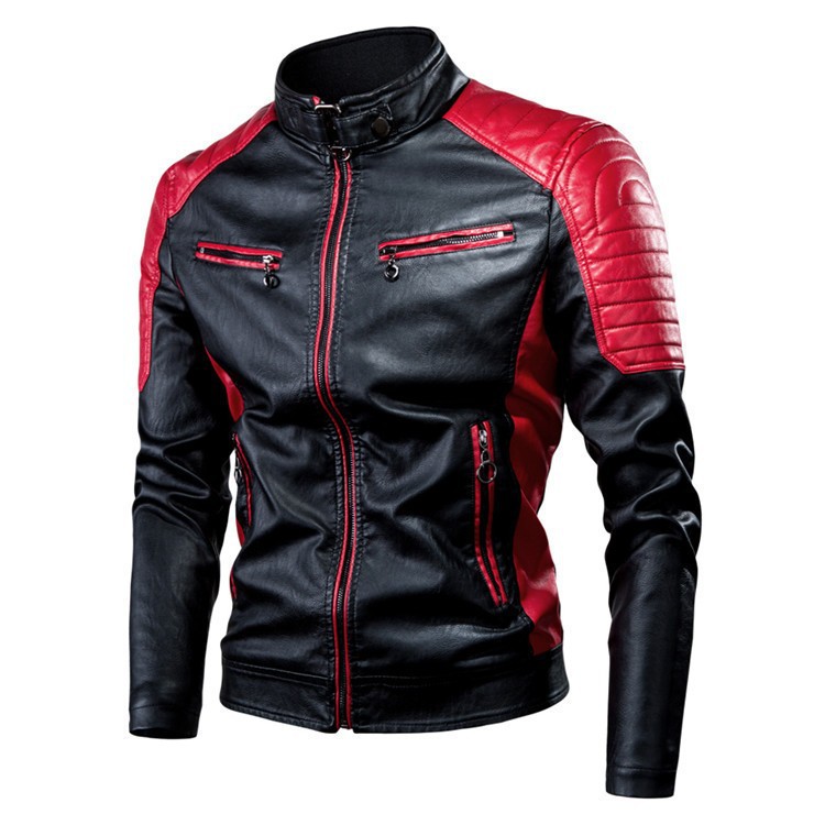 Autumn new men's coat color matching long sleeve stand collar zipper motorcycle leather jacket is suitable for leisure commuting