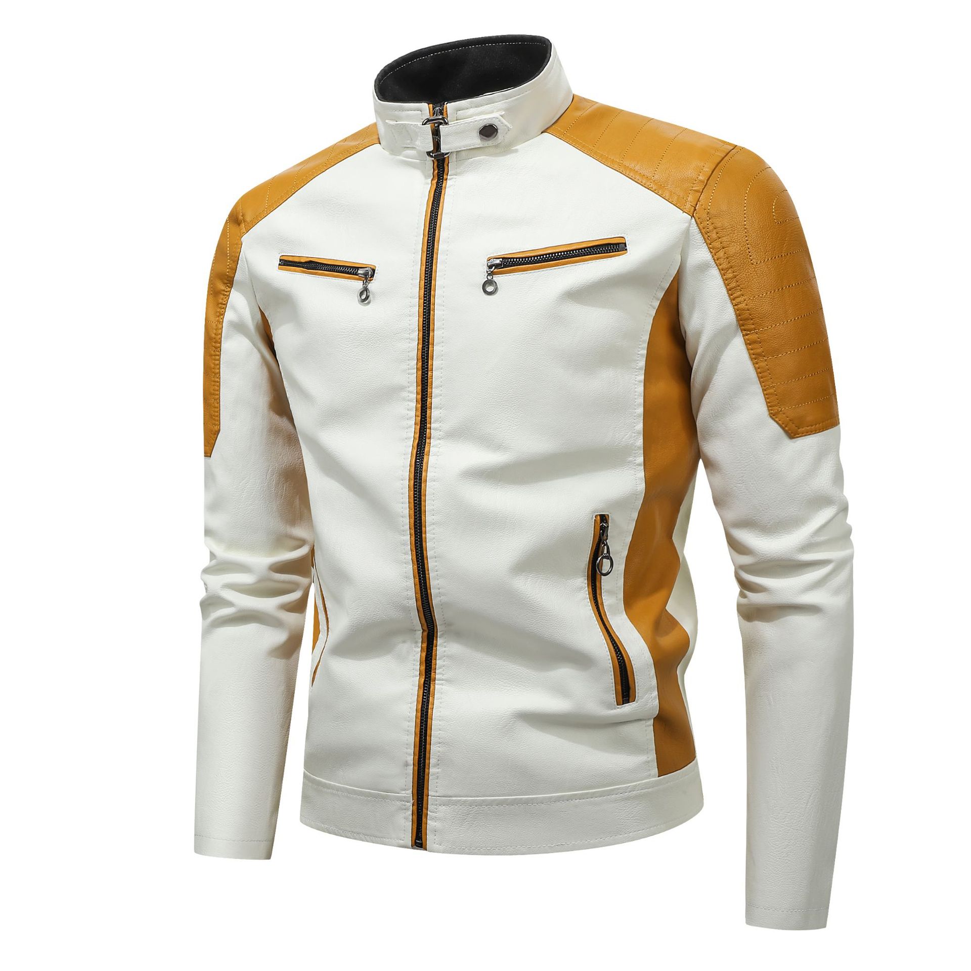 Autumn new men's coat color matching long sleeve stand collar zipper motorcycle leather jacket is suitable for leisure commuting