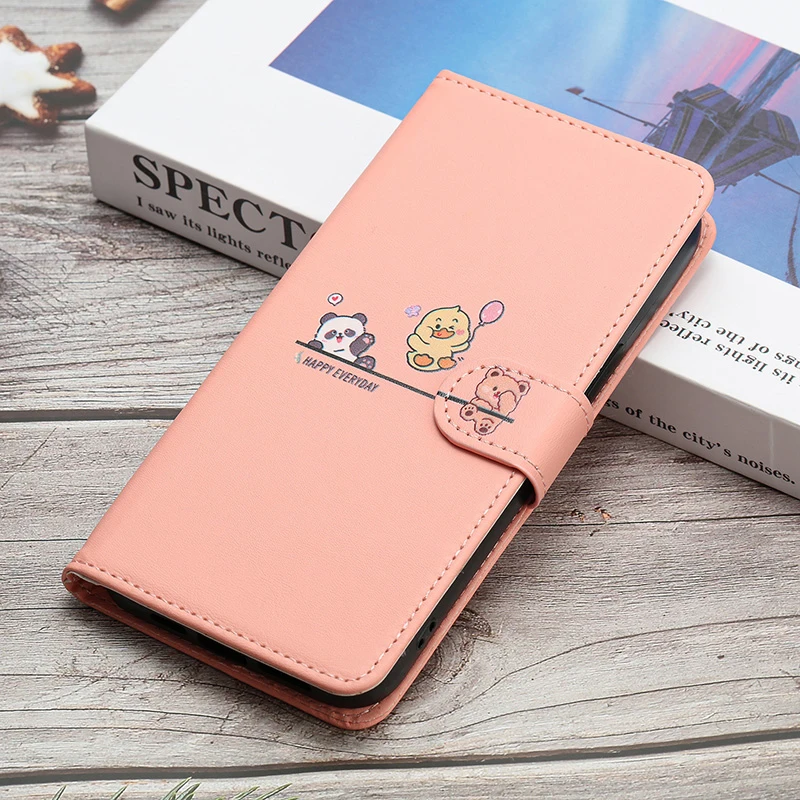 Cute Animal Flip Leather Wallet Case For iPhone 17 16 15 14 13 12 Pro Max Card Slot Kickstand Magnetic Closure Shockproof Cover
