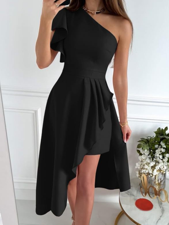 Dress, one shoulder pleated wedding bridesmaid, mid to long length ballroom banquet gown