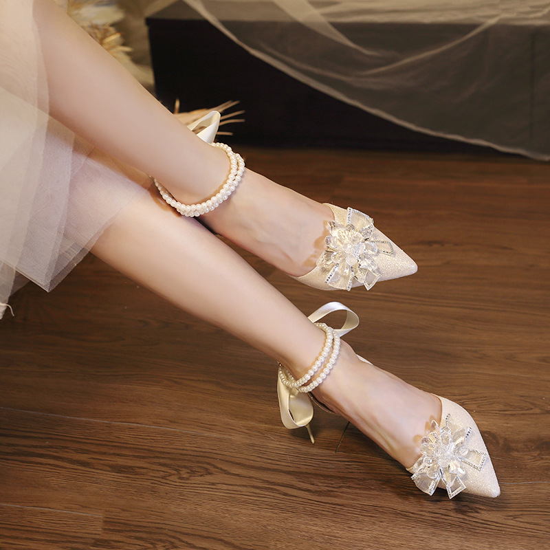 New high-end Korean style sandals fashionable buckle strap shoes high-heeled fashion casual ribbon pearl sandals