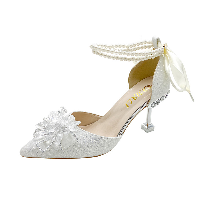 New high-end Korean style sandals fashionable buckle strap shoes high-heeled fashion casual ribbon pearl sandals