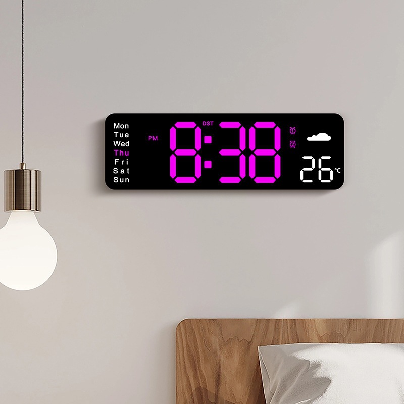 Large Digital Wall Clock Temperature and Humidity Week Display Brightness Adjustable Electronic LED Table Alarm Clock 12/24H