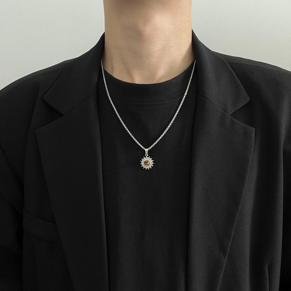 Retro Sunflower Tiger Eye Stone Pendant Necklace for Men's Trendy Simple Chain Hip Hop Versatile Design Sweater Chain