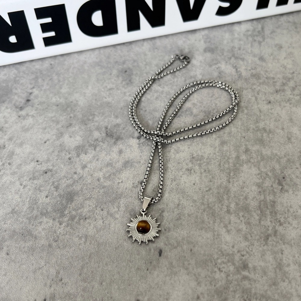 Retro Sunflower Tiger Eye Stone Pendant Necklace for Men's Trendy Simple Chain Hip Hop Versatile Design Sweater Chain