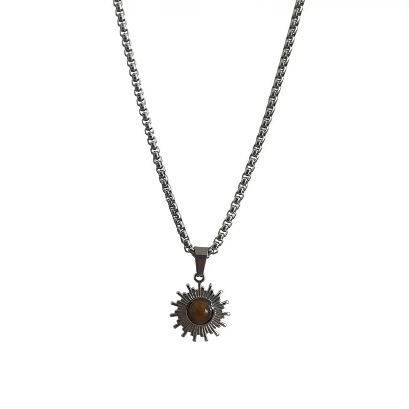 Retro Sunflower Tiger Eye Stone Pendant Necklace for Men's Trendy Simple Chain Hip Hop Versatile Design Sweater Chain
