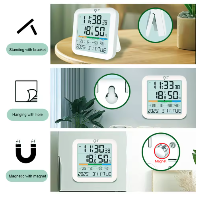 Multifunctional Hygrometer with Backlit LCD Digital Magnetic Clock Temperature Humidity Meter for Humidity Gauge Meter Sensor