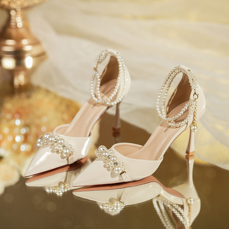 French temperament pointed high heels socialite banquet pearl fairy with dress ladylike bridesmaid shoes