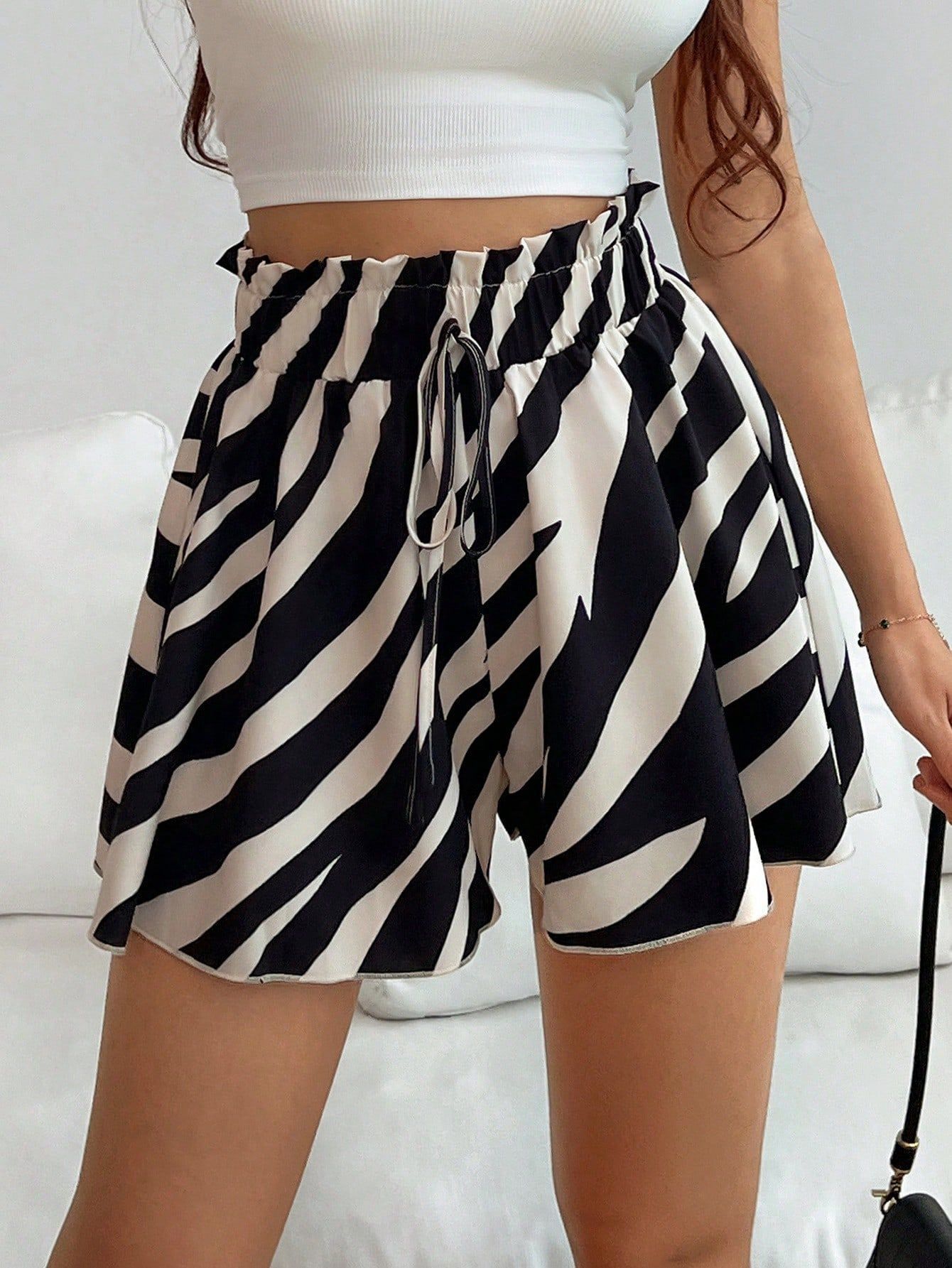 2026 New Women's Zebra Stripe 2-in-1 Shorts & Skirt Set, High Waist Casual Summer Beach Vacation Outfit