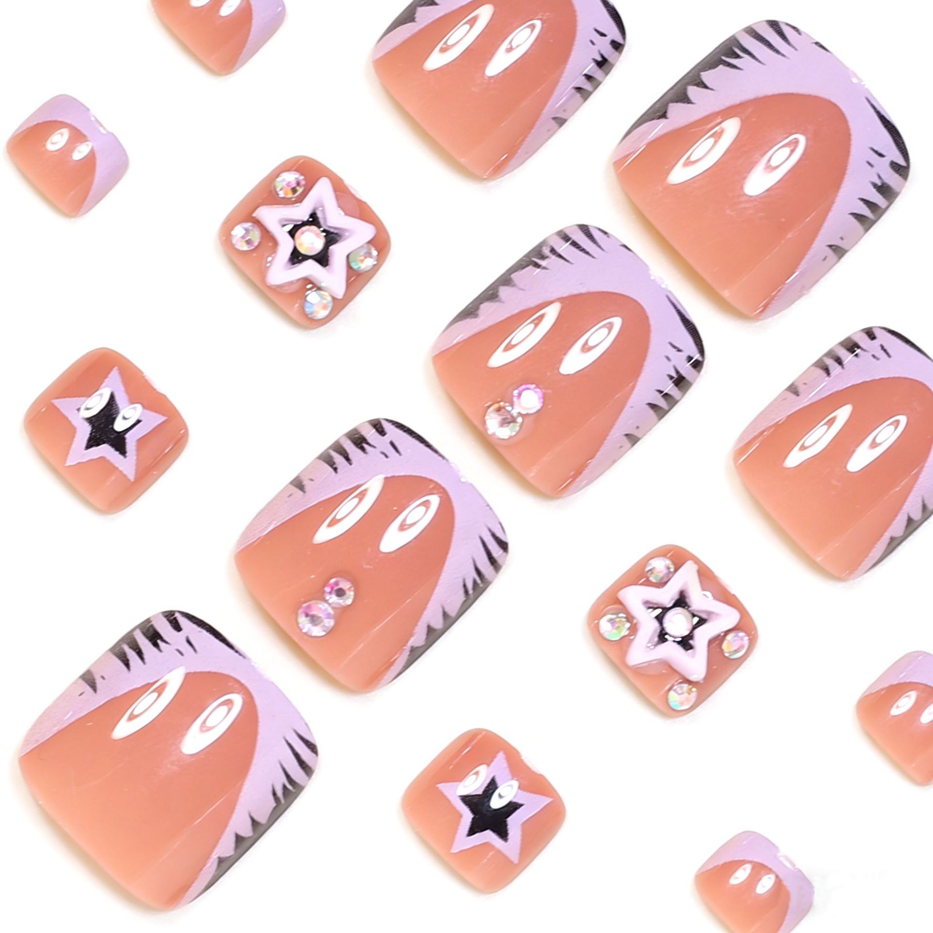 Purple Leopard 3D Star Rhinestone French Tip Press on Nails for Women, Irregular Stripe Design Full Cover False Nails