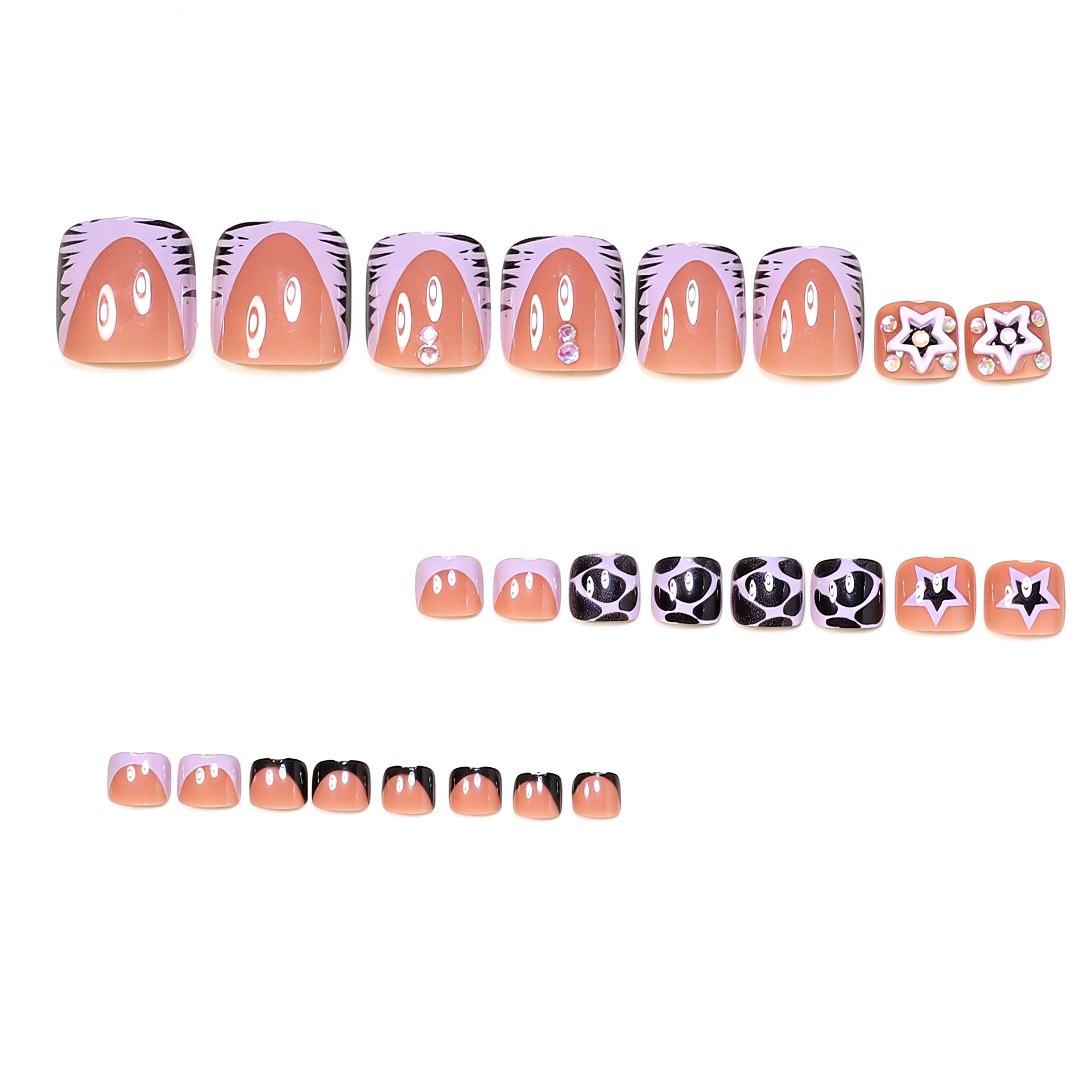 Purple Leopard 3D Star Rhinestone French Tip Press on Nails for Women, Irregular Stripe Design Full Cover False Nails