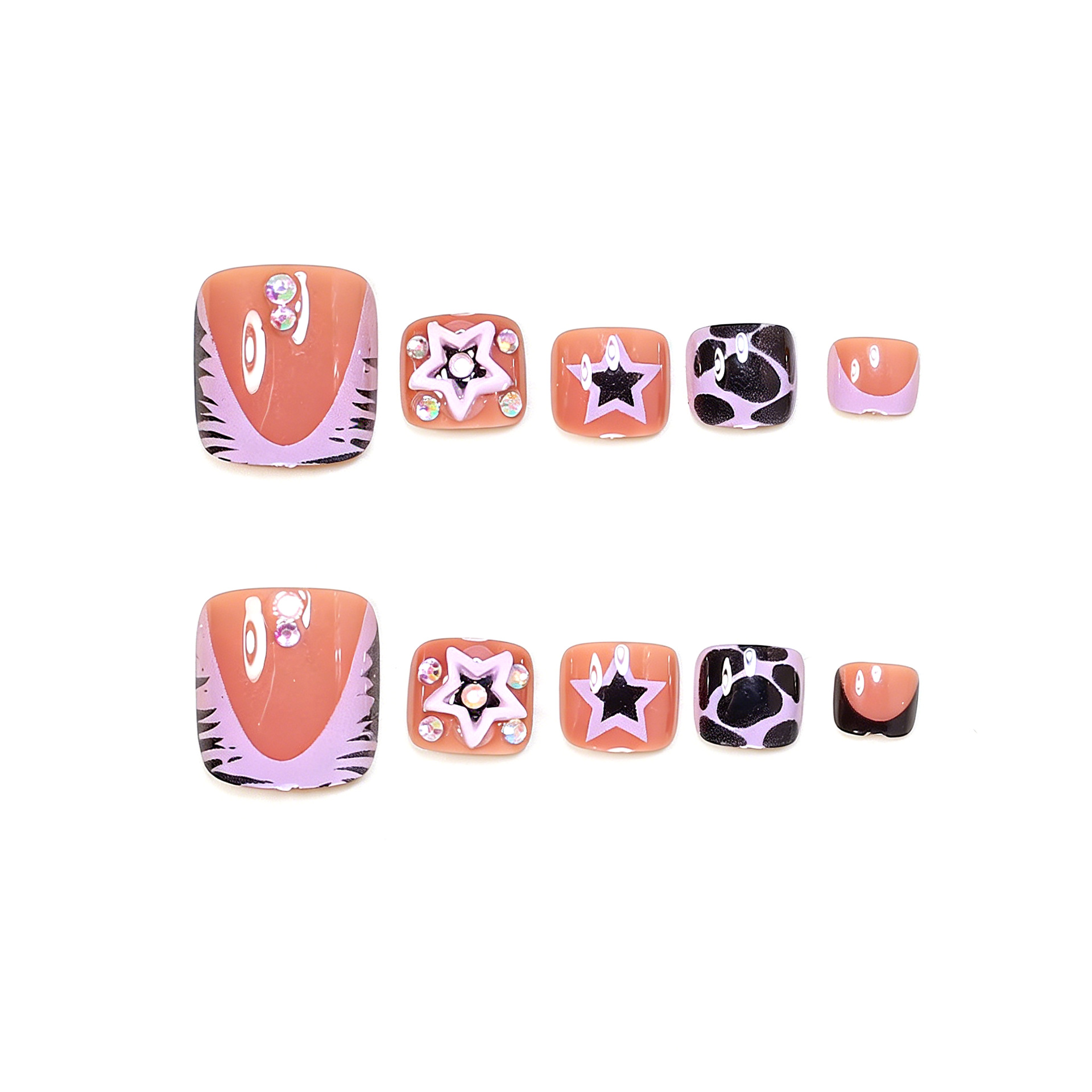 Purple Leopard 3D Star Rhinestone French Tip Press on Nails for Women, Irregular Stripe Design Full Cover False Nails
