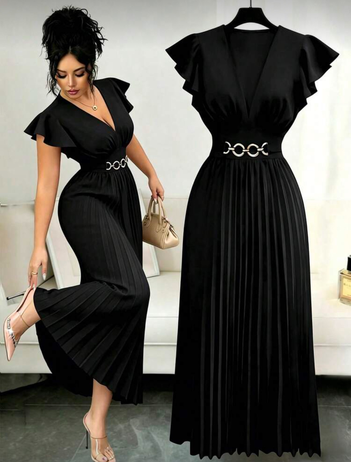 European and American New Sexy Women's V-neck Ruffled Sleeves Solid Color Metal Pleated design Elegant Long Dress