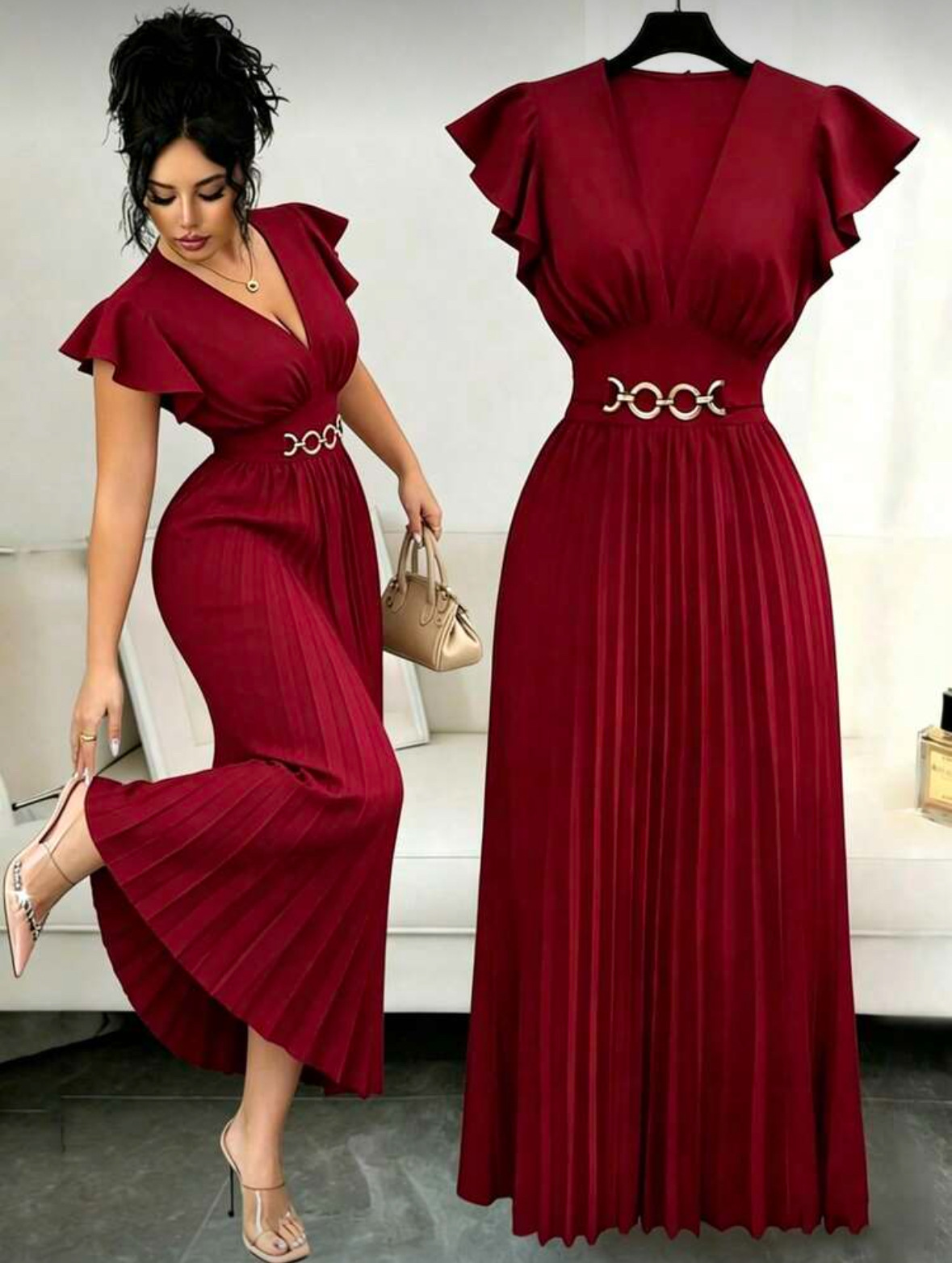 European and American New Sexy Women's V-neck Ruffled Sleeves Solid Color Metal Pleated design Elegant Long Dress