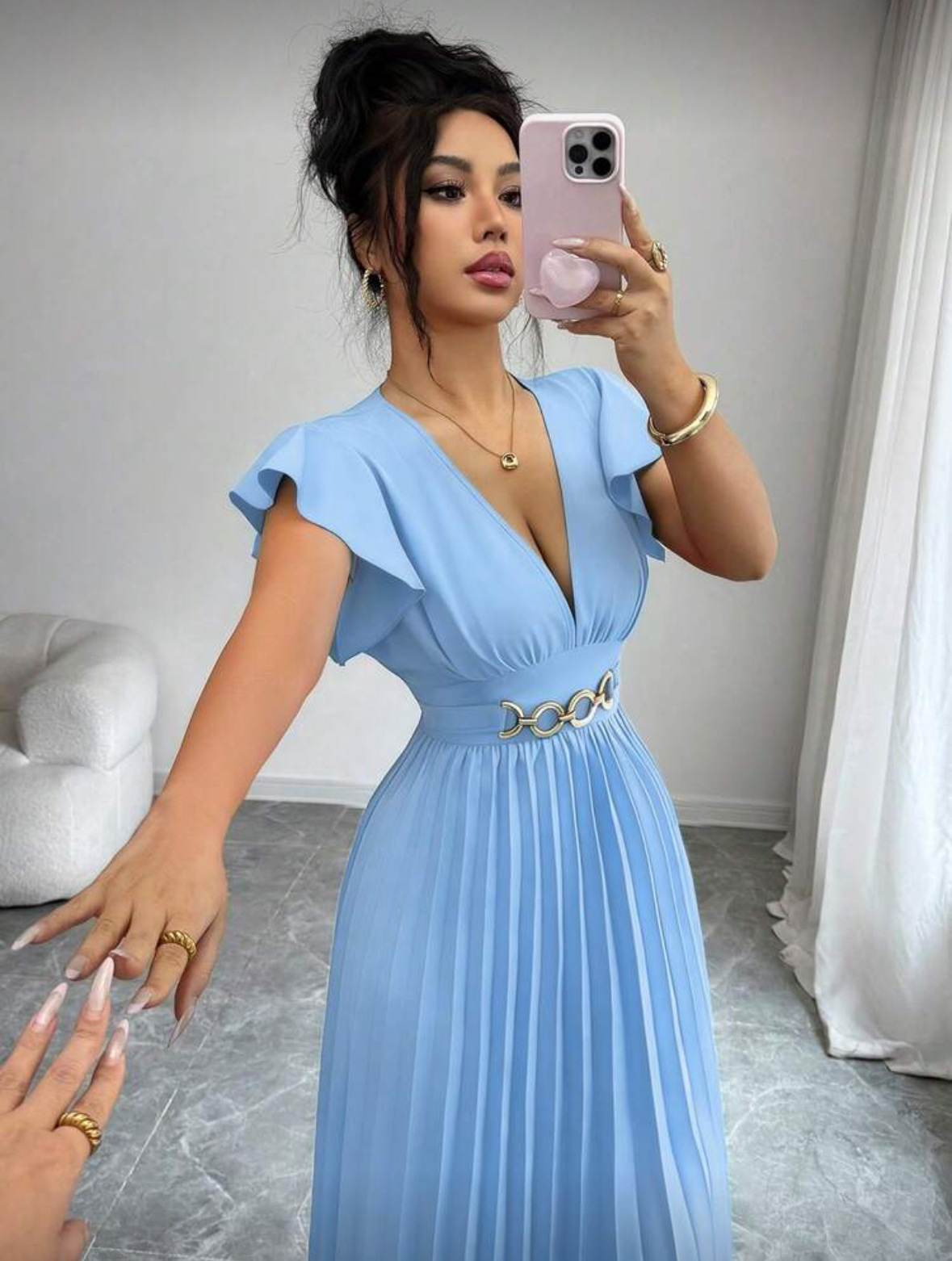 European and American New Sexy Women's V-neck Ruffled Sleeves Solid Color Metal Pleated design Elegant Long Dress