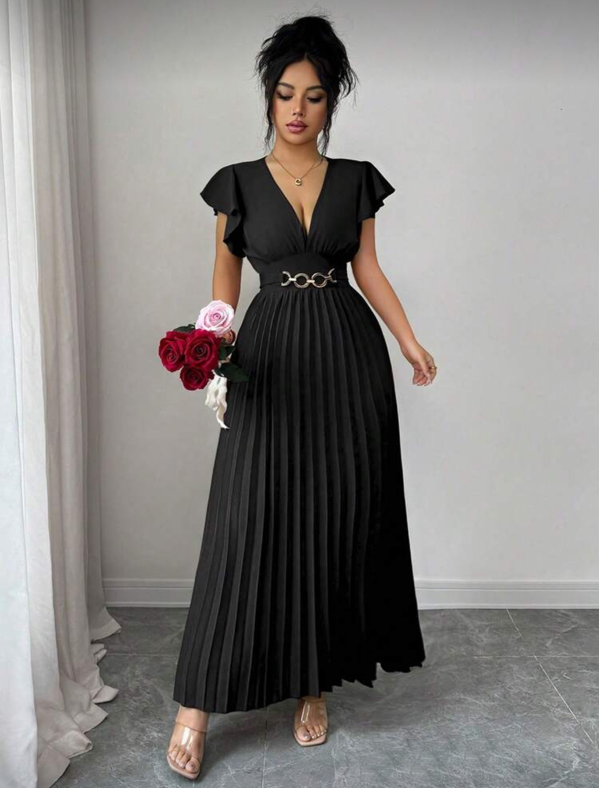 European and American New Sexy Women's V-neck Ruffled Sleeves Solid Color Metal Pleated design Elegant Long Dress
