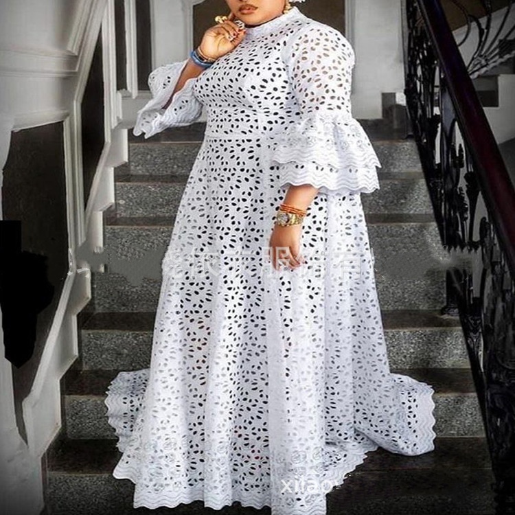 European and American Temperament Commuting Women's plus size Lace Hollow Flared Sleeves Large Swing Dress Formal Dress