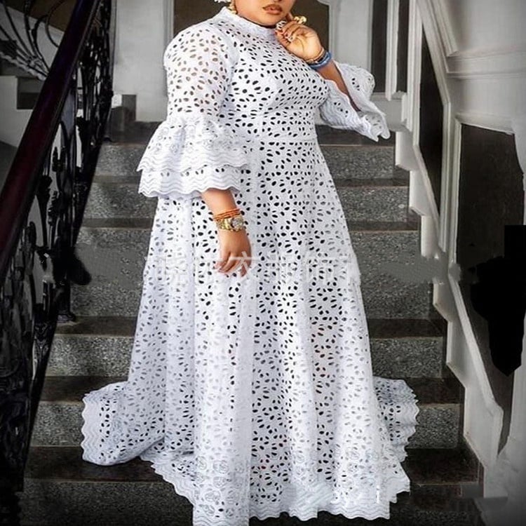 European and American Temperament Commuting Women's plus size Lace Hollow Flared Sleeves Large Swing Dress Formal Dress