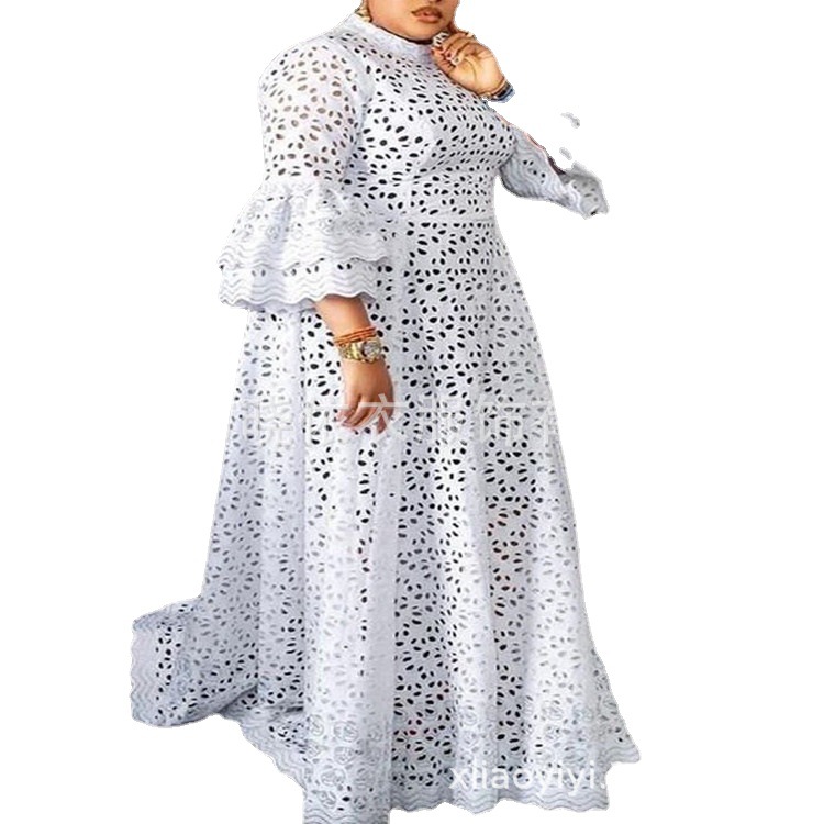 European and American Temperament Commuting Women's plus size Lace Hollow Flared Sleeves Large Swing Dress Formal Dress