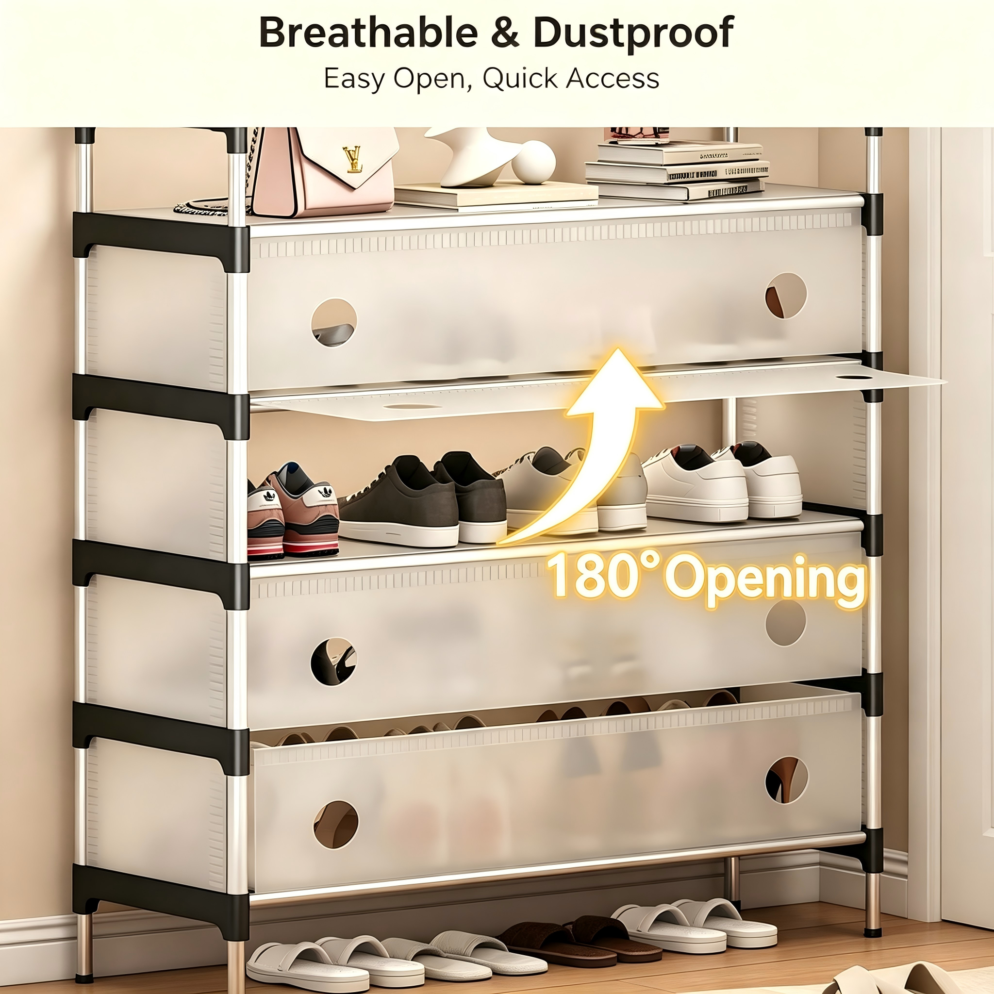 5 Tier Metal Shoe & Hat Rack, Dust Proof Cover Durable Entryway Storage Organizer