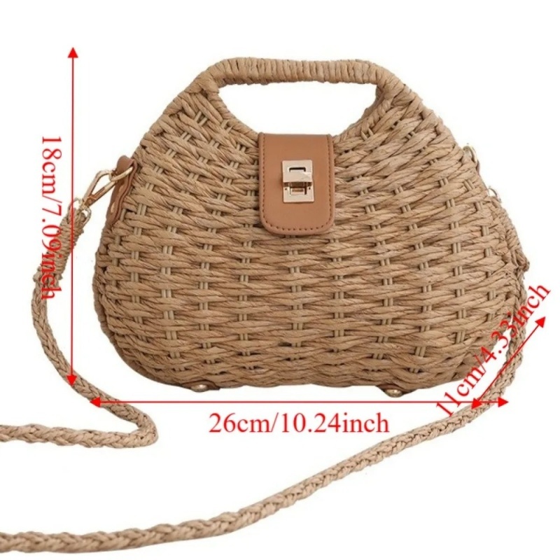 Elegant Straw Woven Shoulder Bag Solid Color Eco-Friendly Boho Crossbody Bag Metal Buckle All-match Wicker Rattan Handbag Travel