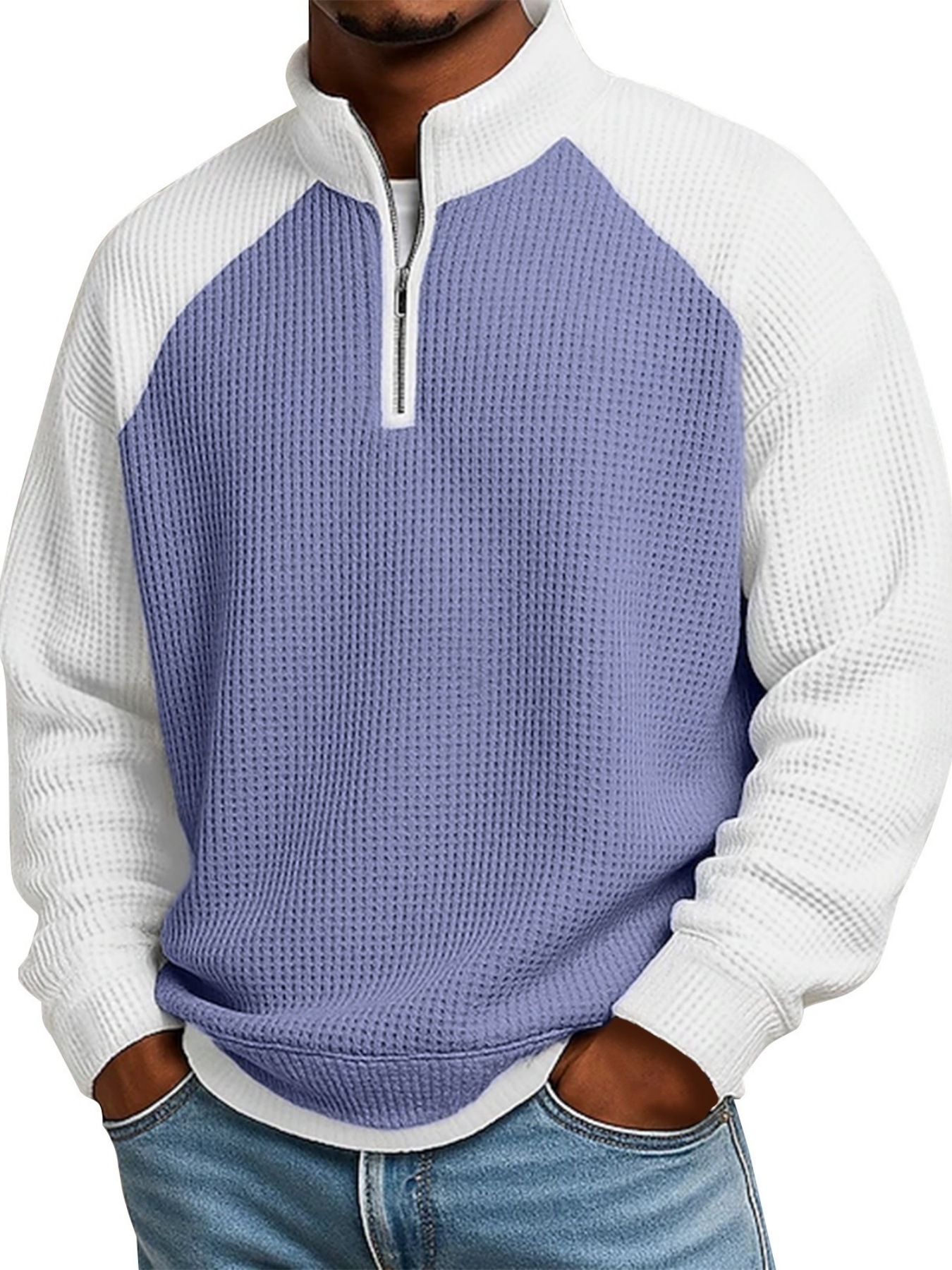 European American Waffle Knit Colorblock Stand Collar Zip Up Hoodie for Men, Fall Winter Casual Long Sleeve Jacket
