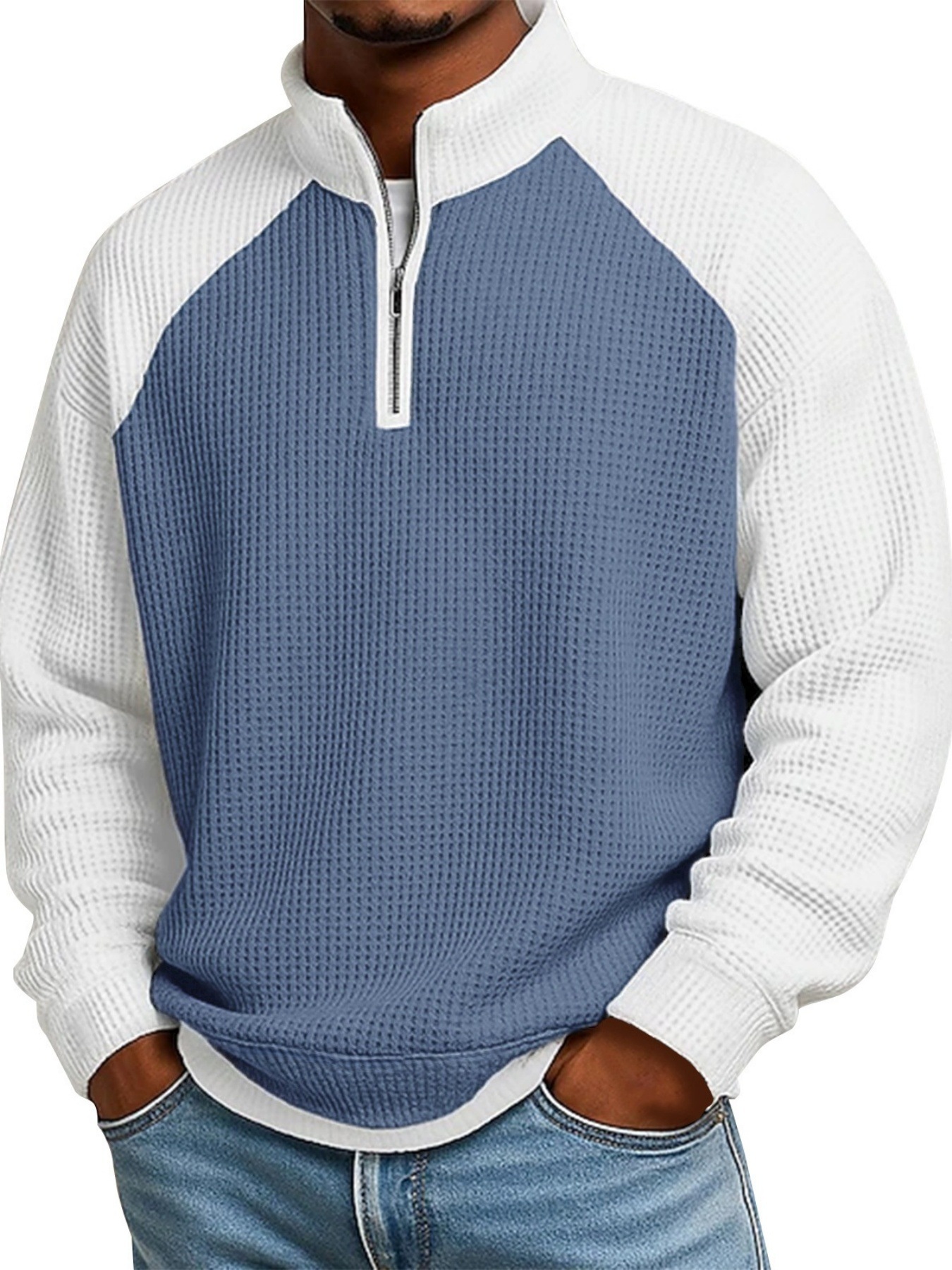 European American Waffle Knit Colorblock Stand Collar Zip Up Hoodie for Men, Fall Winter Casual Long Sleeve Jacket