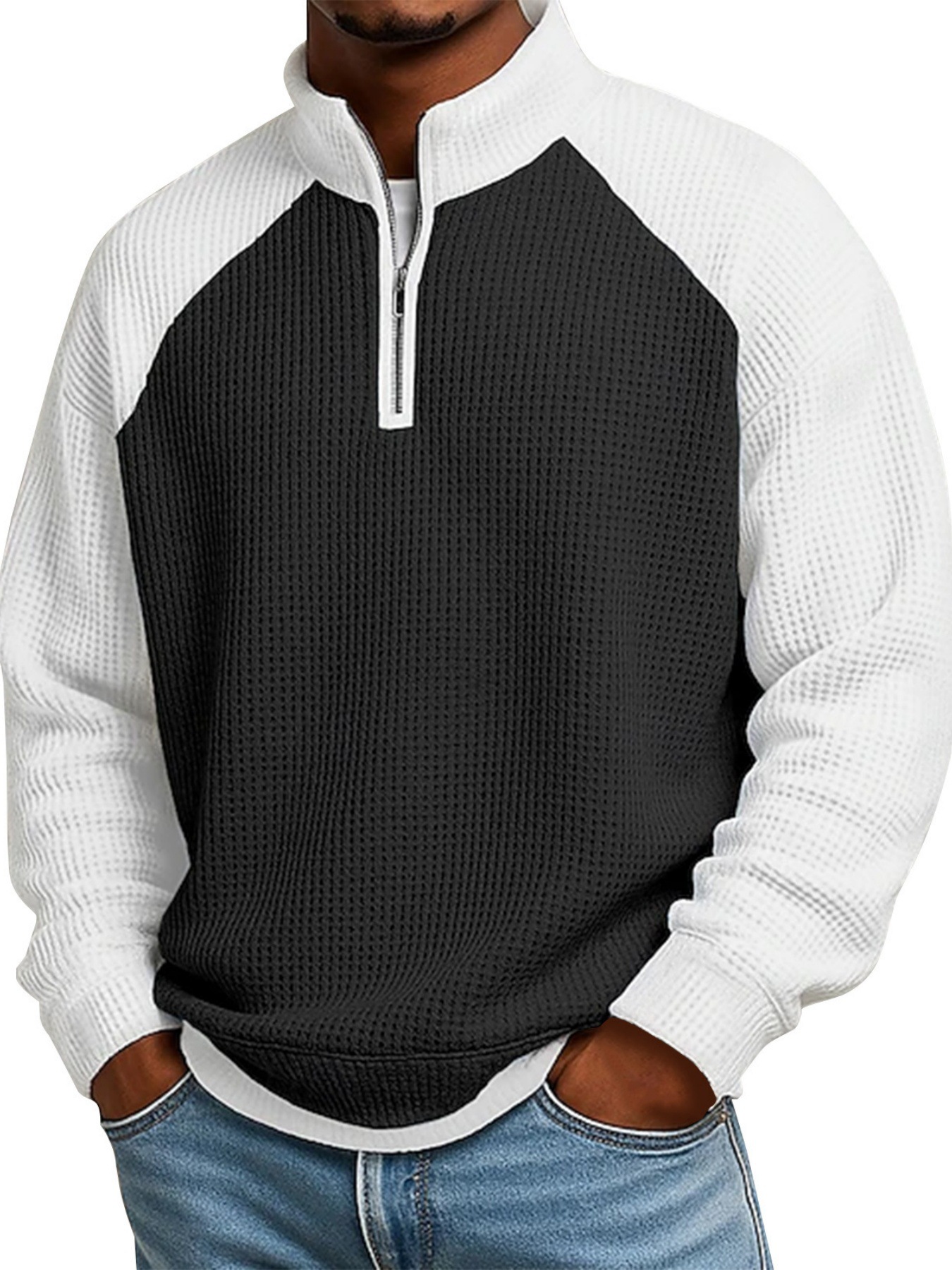 European American Waffle Knit Colorblock Stand Collar Zip Up Hoodie for Men, Fall Winter Casual Long Sleeve Jacket