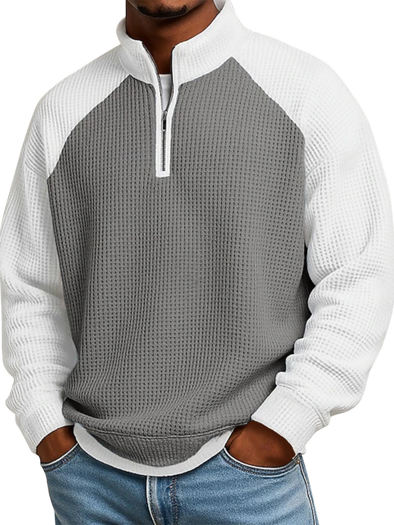 European American Waffle Knit Colorblock Stand Collar Zip Up Hoodie for Men, Fall Winter Casual Long Sleeve Jacket