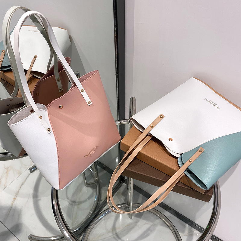 Trendy and versatile color blocked tote bag large capacity shopping bag mommy bag