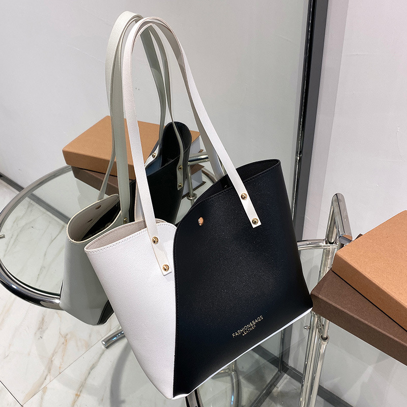 Trendy and versatile color blocked tote bag large capacity shopping bag mommy bag