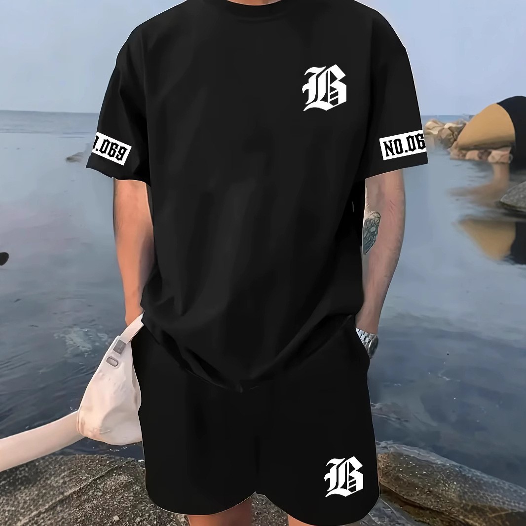 Fashionable plus size men's shorts short sleeved sportswear Los Angeles letter t-shirt set