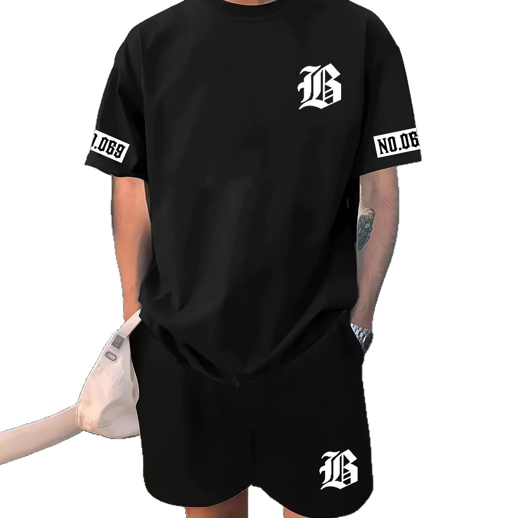 Fashionable plus size men's shorts short sleeved sportswear Los Angeles letter t-shirt set