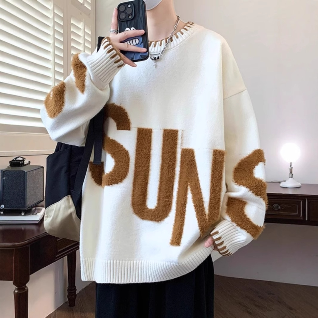 Trendy plus size men's loose and thick knitted sweater base sweater