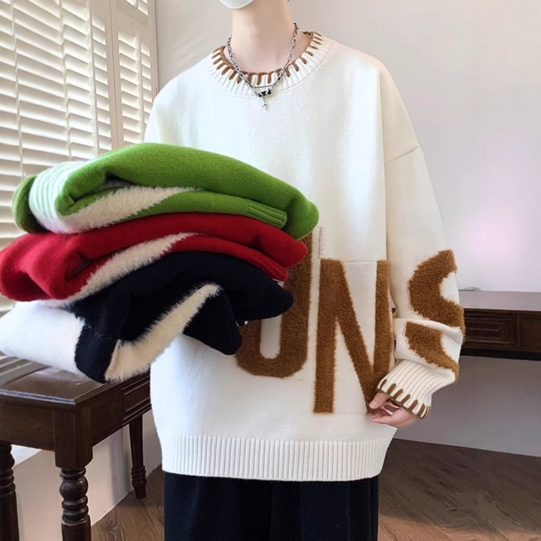 Trendy plus size men's loose and thick knitted sweater base sweater