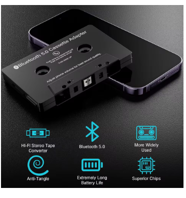 Car Bluetooth 5.0 Tape Cassette Audio Aux Adapter with Microphone 6H Music Time 168H Standby Smartphone Cassette Adapter