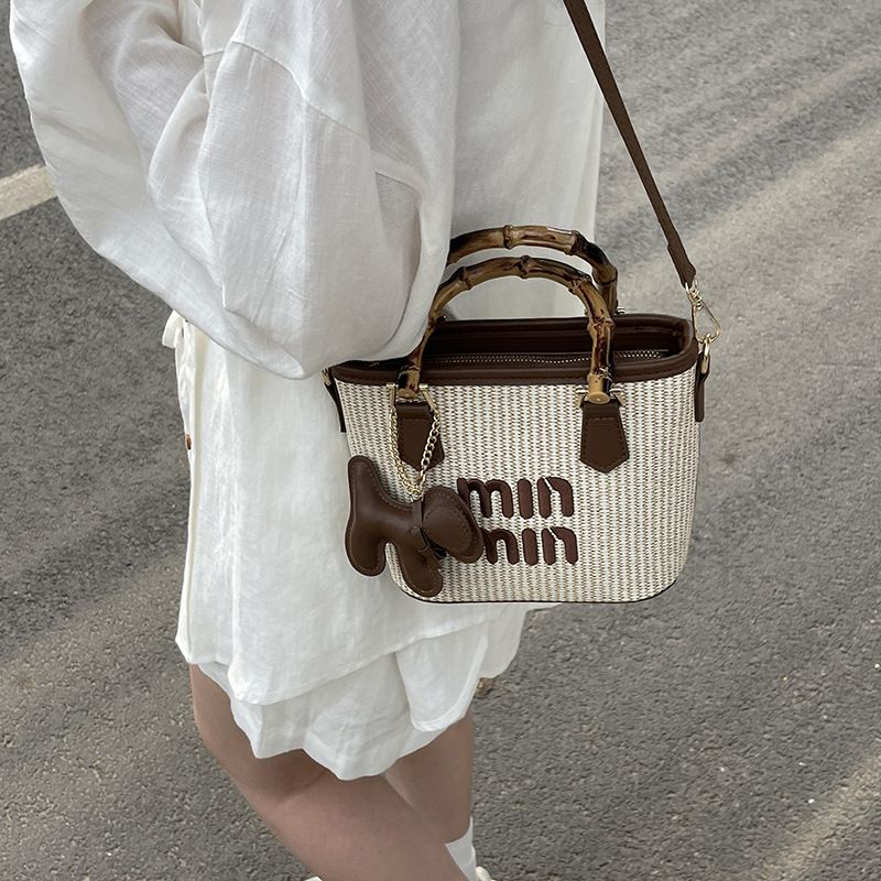 Fashion Straw Weaving Bamboo Vegetable Basket  Women's Bag Water Bucket Bag Handheld Single Shoulder Diagonal Span Bag