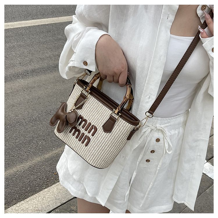 Fashion Straw Weaving Bamboo Vegetable Basket  Women's Bag Water Bucket Bag Handheld Single Shoulder Diagonal Span Bag