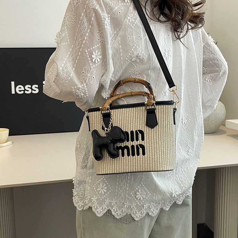 Fashion Straw Weaving Bamboo Vegetable Basket  Women's Bag Water Bucket Bag Handheld Single Shoulder Diagonal Span Bag