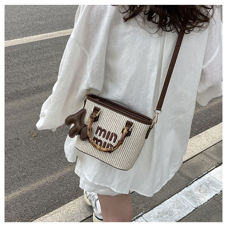 Fashion Straw Weaving Bamboo Vegetable Basket  Women's Bag Water Bucket Bag Handheld Single Shoulder Diagonal Span Bag