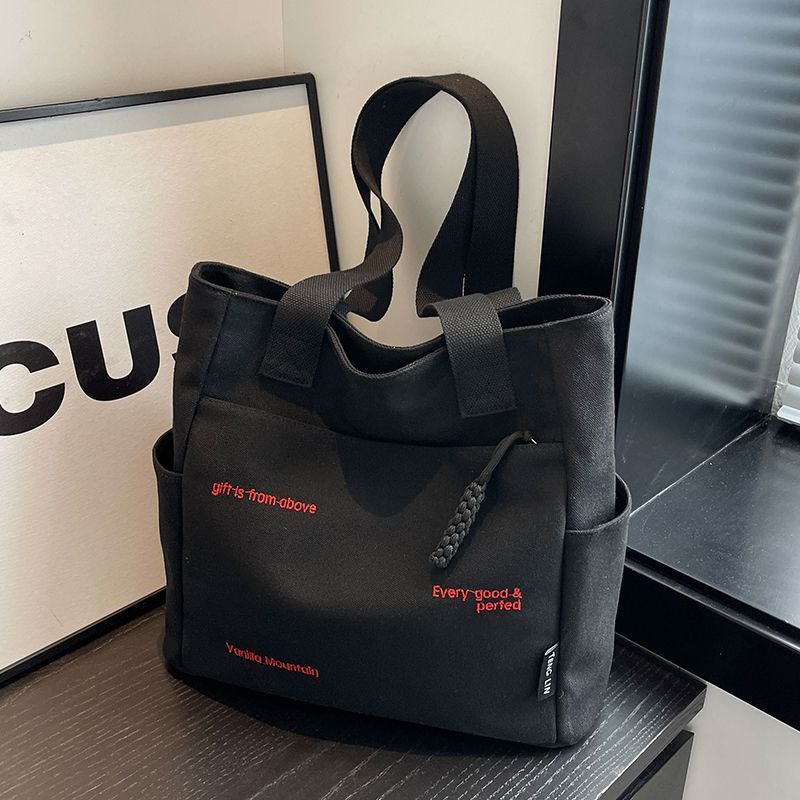 Canvas bag women's men's new trendy embroidery letter handbag student large capacity single shoulder tote bag