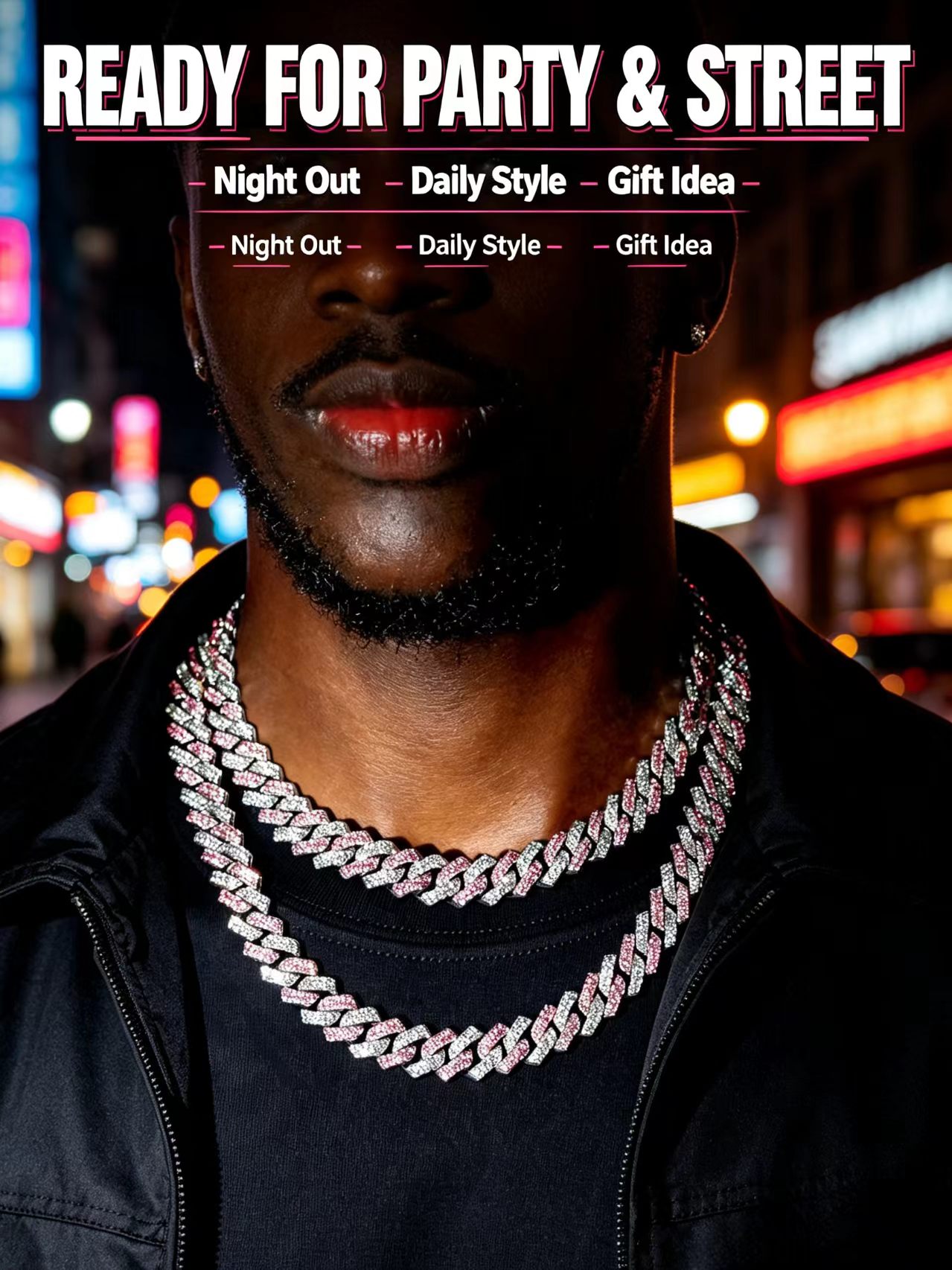 Iced Out Pink Silver Cuban Link Chain, Hip Hop Necklace, Fashion Street Jewelry for Men Women Party Gift