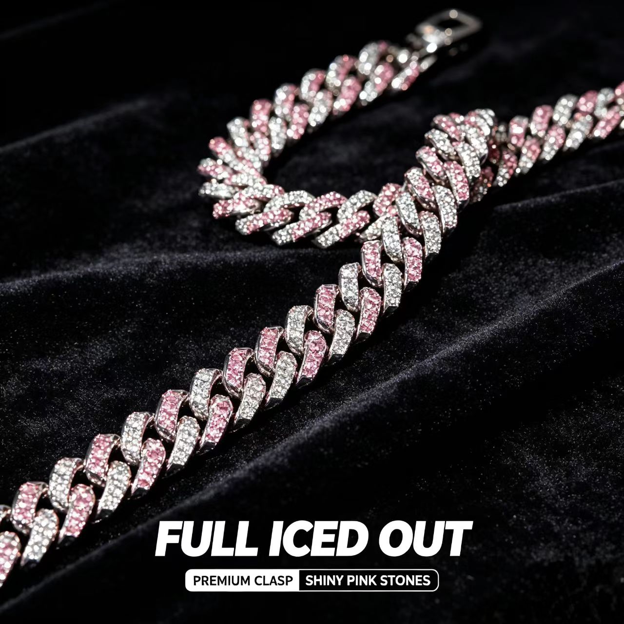 Iced Out Pink Silver Cuban Link Chain, Hip Hop Necklace, Fashion Street Jewelry for Men Women Party Gift